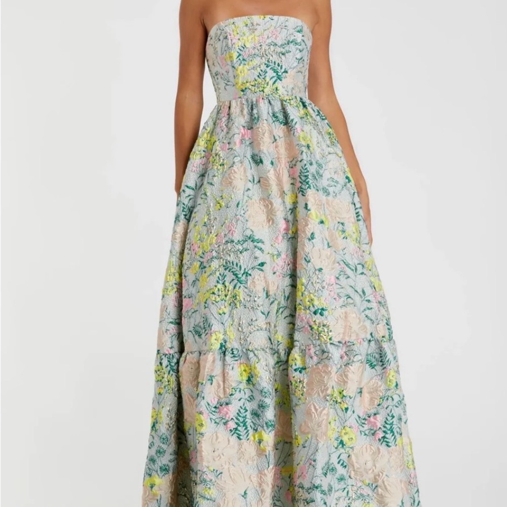 Mac Duggal Strapless Floral Jacquard Gown in Pastel Multi
